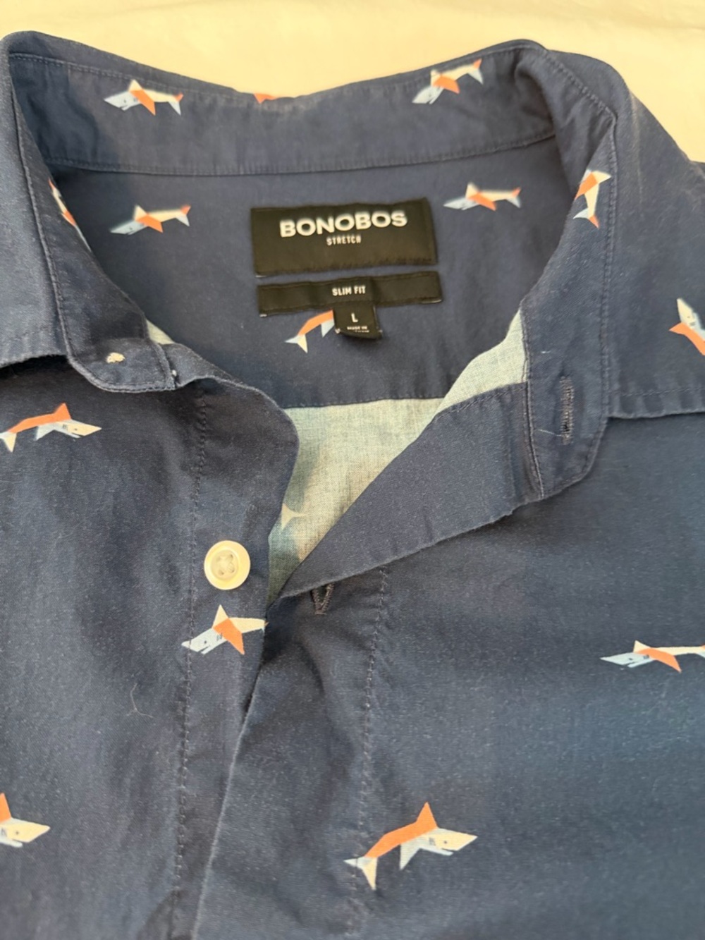 Bonobos Slim Fit Stretch Navy Shirt with Shark Print Large